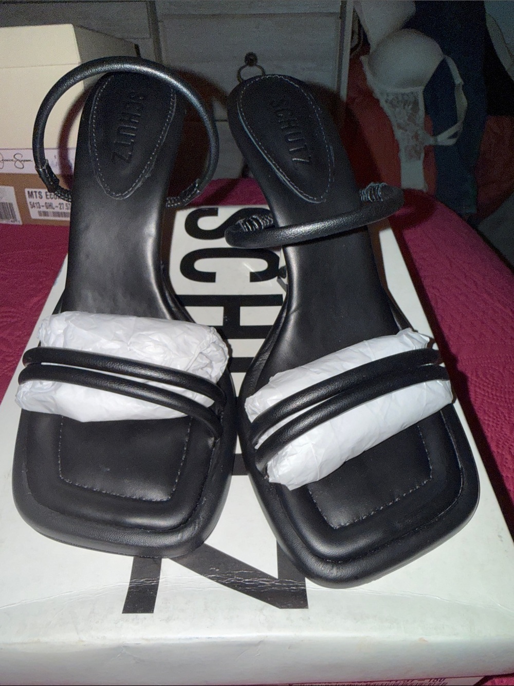 SCHUTZ Black Leather Minimal Strappy Square-Toe Sandals